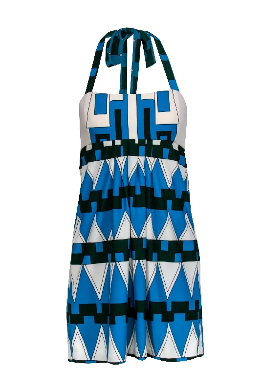 Tibi - Blue, Green, & Ivory Halter w/ Geometric Print Mini Dress Sz S