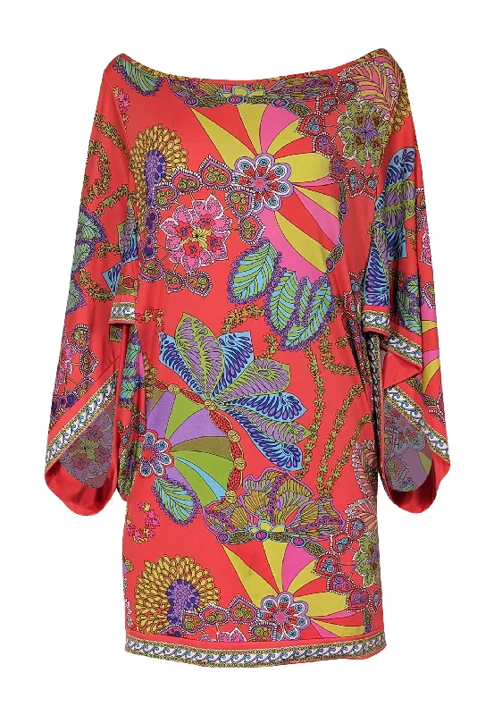 Trina Turk - Pink Multicolor Abstract Floral Print Long Handkerchief Sleeve Mini Dress Sz M