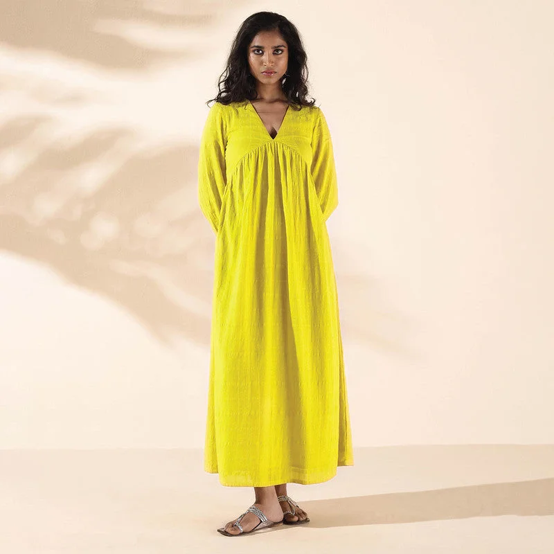 Cotton Dobby Maxi Dress for Women | Flared | Lime