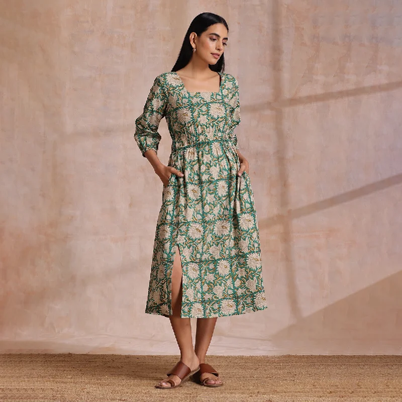 Cotton Midi Dress for Women | Floral Block Print | Fern Green