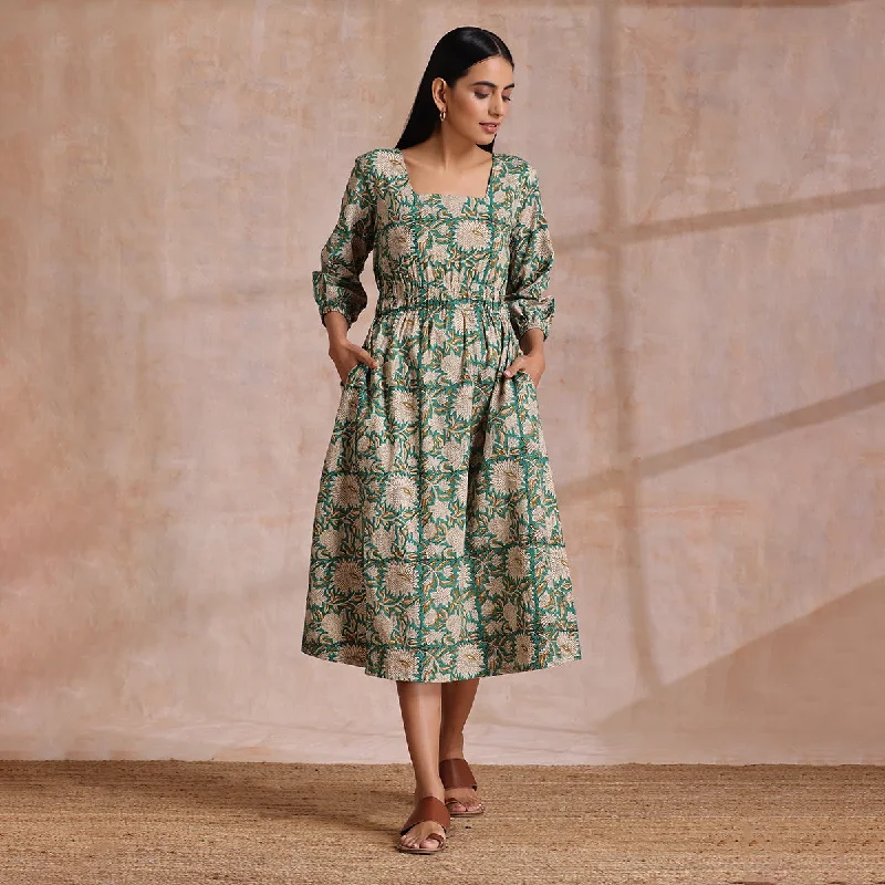 Cotton Midi Dress for Women | Floral Block Print | Fern Green