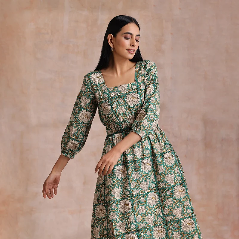 Cotton Midi Dress for Women | Floral Block Print | Fern Green