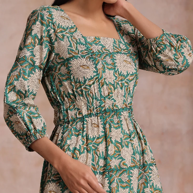 Cotton Midi Dress for Women | Floral Block Print | Fern Green