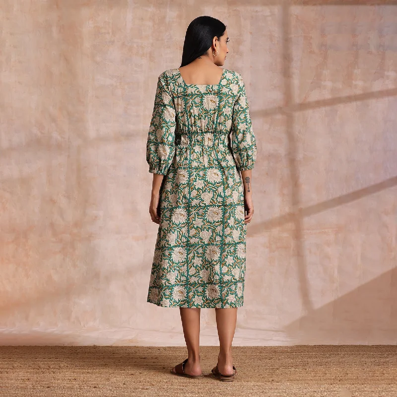 Cotton Midi Dress for Women | Floral Block Print | Fern Green