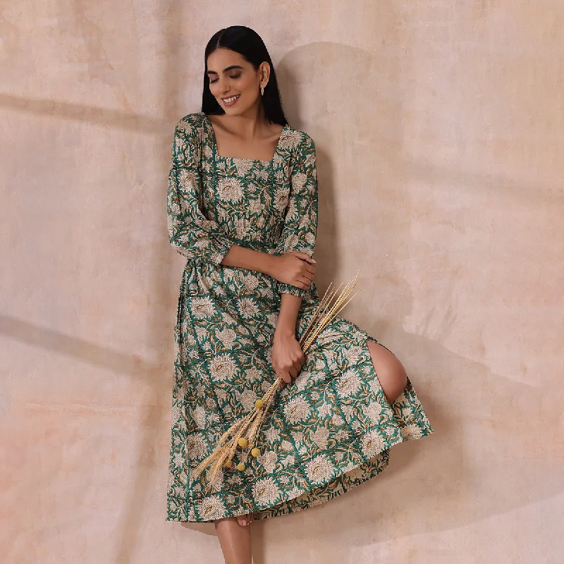 Cotton Midi Dress for Women | Floral Block Print | Fern Green