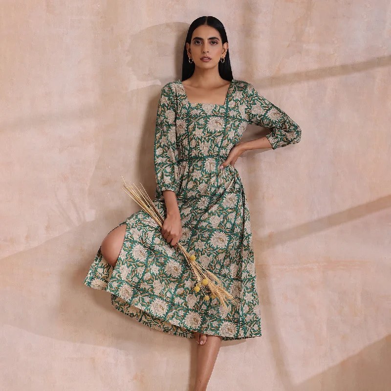 Cotton Midi Dress for Women | Floral Block Print | Fern Green