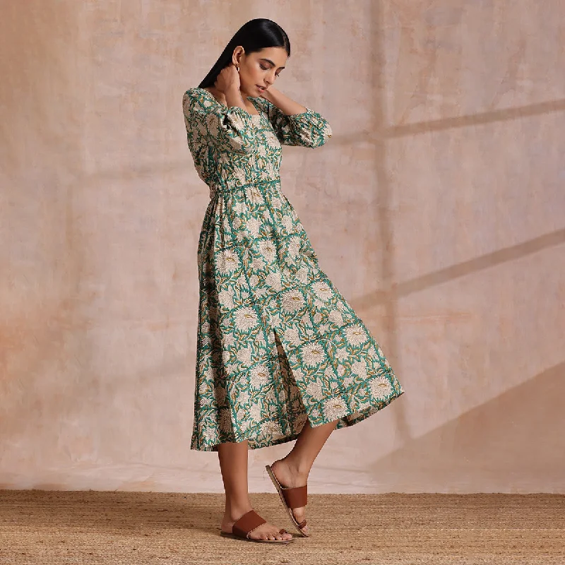 Cotton Midi Dress for Women | Floral Block Print | Fern Green