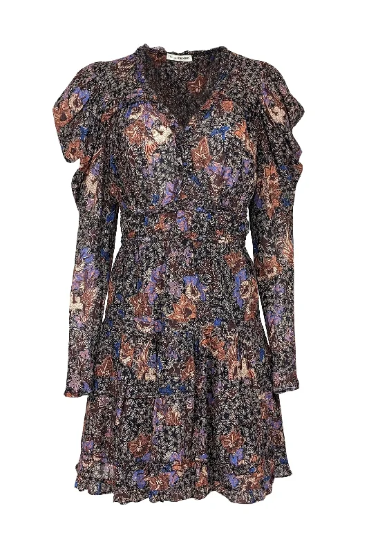 Ulla Johnson - Black, Cream, Blue, Purple & Terracotta Floral Long Sleeve Mini Dress Sz 8