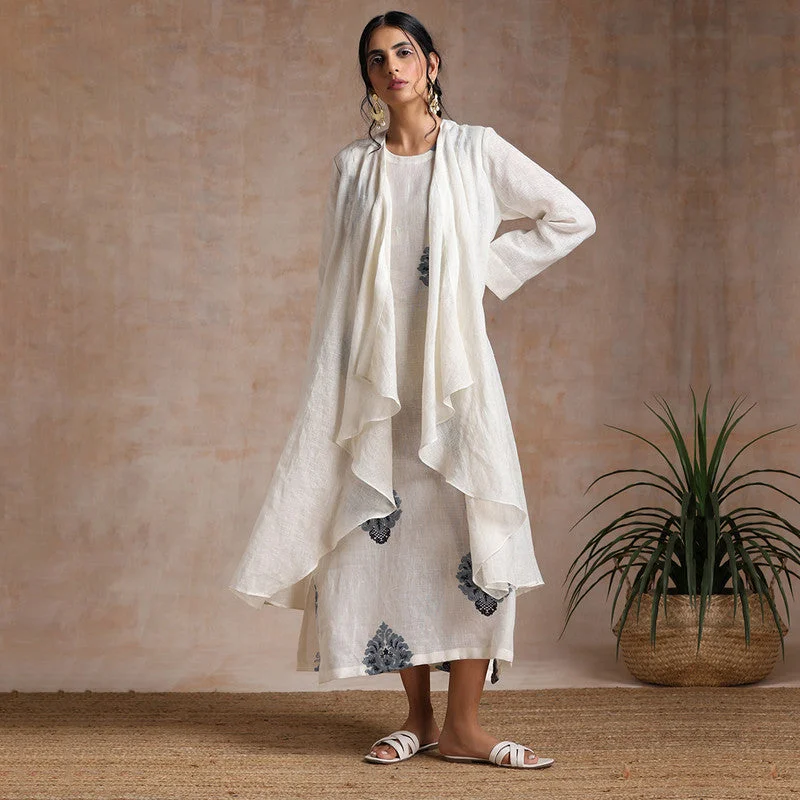 Linen Midi Dress with Overlay | Embroidered | Off-White