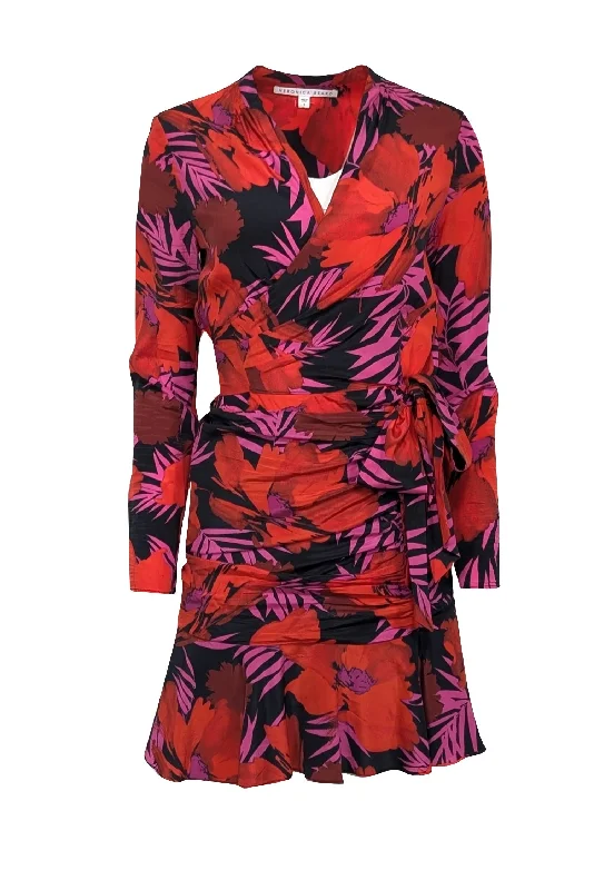 Veronica Beard - Red, Pink & Black Tropical Pattern Long Sleeve Mini Dress Sz 2