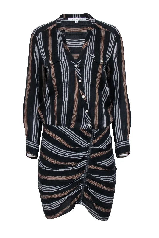 Veronica Beard - Black & Brown Striped Mini Asymmetrical Shirt Dress Sz 8