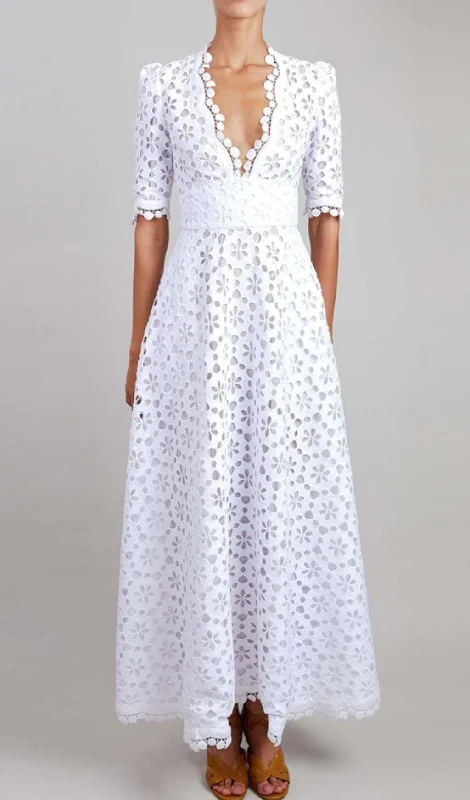 WHITE DEEP V-NECK LACE EYELET MAXI DRESS