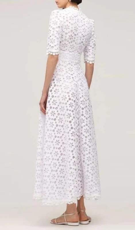 WHITE DEEP V-NECK LACE EYELET MAXI DRESS