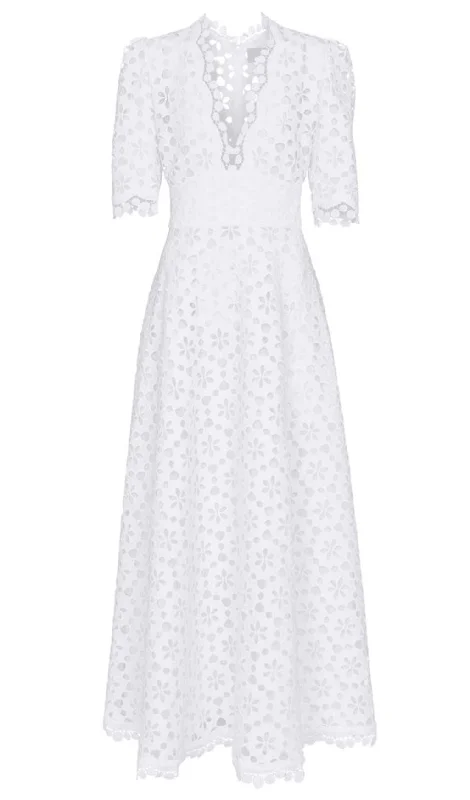 WHITE DEEP V-NECK LACE EYELET MAXI DRESS