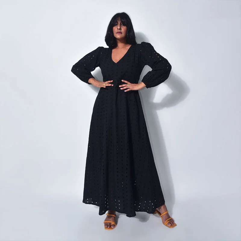 Cotton Maxi Dress | Embroidered | Black