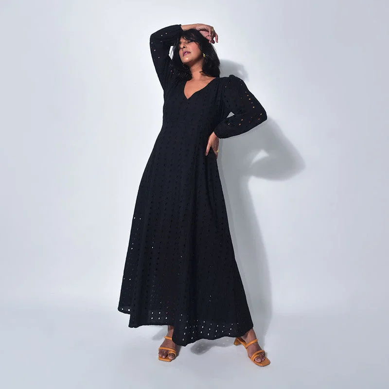 Cotton Maxi Dress | Embroidered | Black