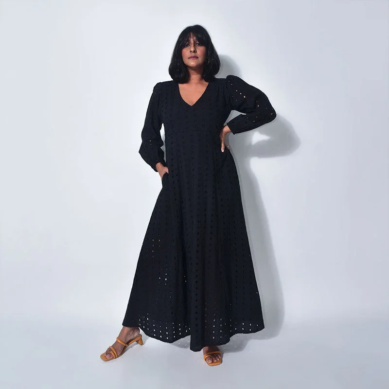 Cotton Maxi Dress | Embroidered | Black