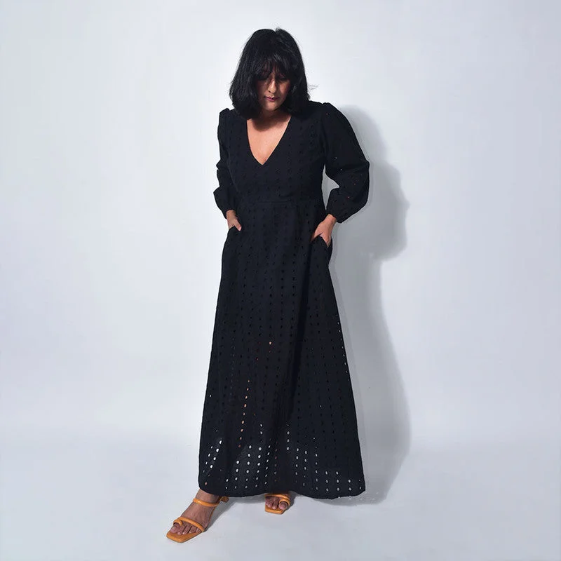 Cotton Maxi Dress | Embroidered | Black