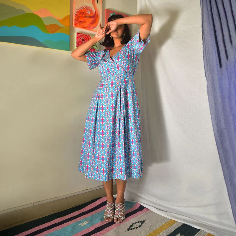 Cotton Midi Dress | Handblock Printed | Blue