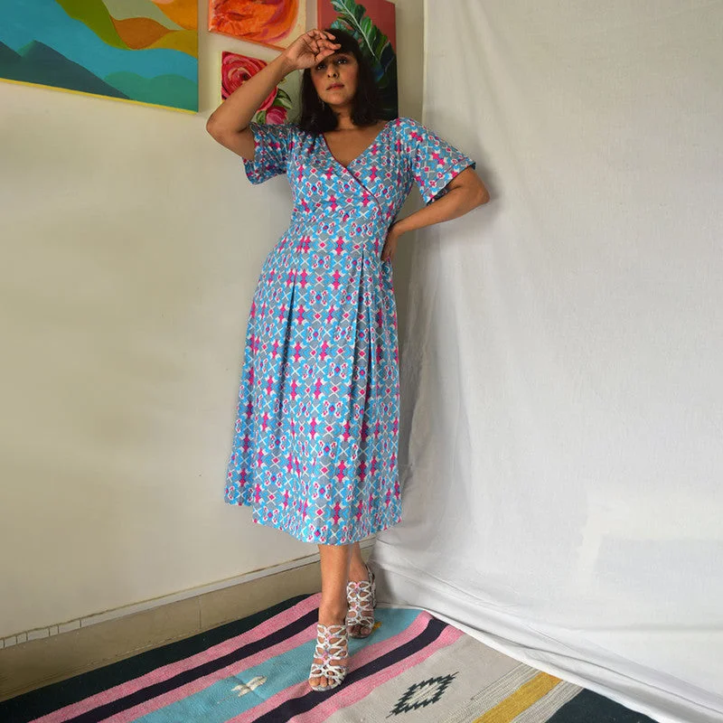 Cotton Midi Dress | Handblock Printed | Blue