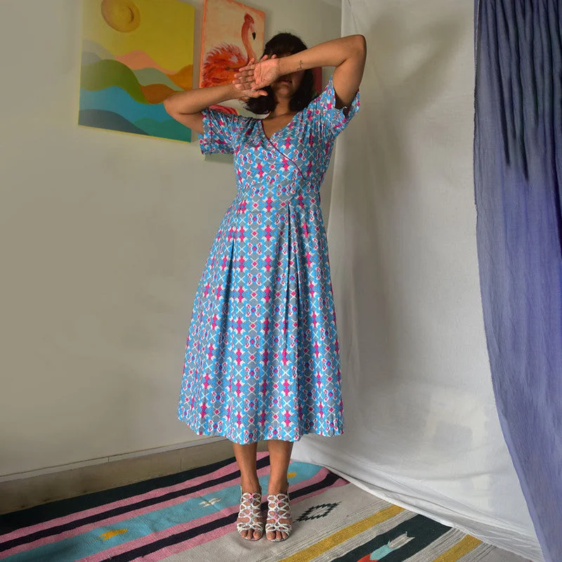 Cotton Midi Dress | Handblock Printed | Blue