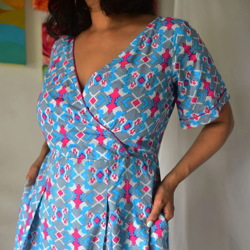 Cotton Midi Dress | Handblock Printed | Blue