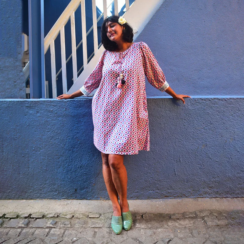 Cotton Mini Dress | Handblock Printed | Pink & Blue