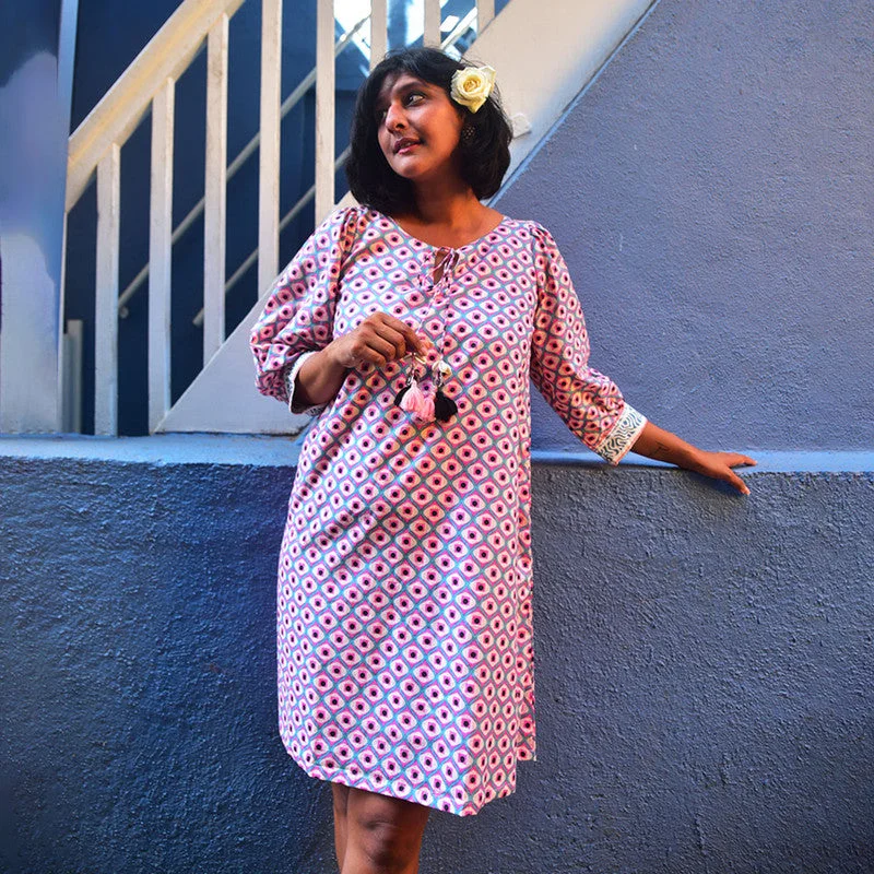 Cotton Mini Dress | Handblock Printed | Pink & Blue