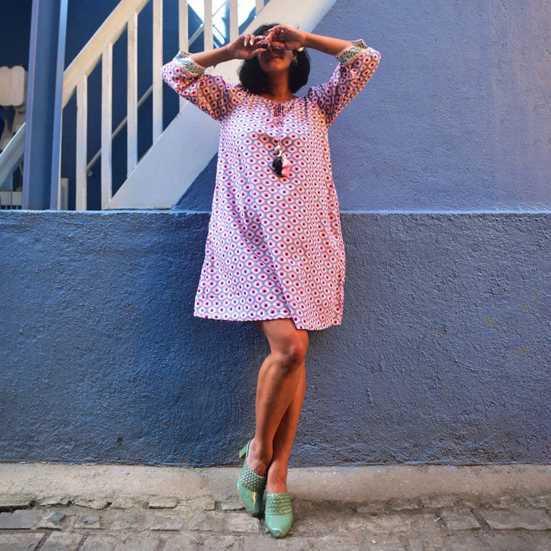 Cotton Mini Dress | Handblock Printed | Pink & Blue