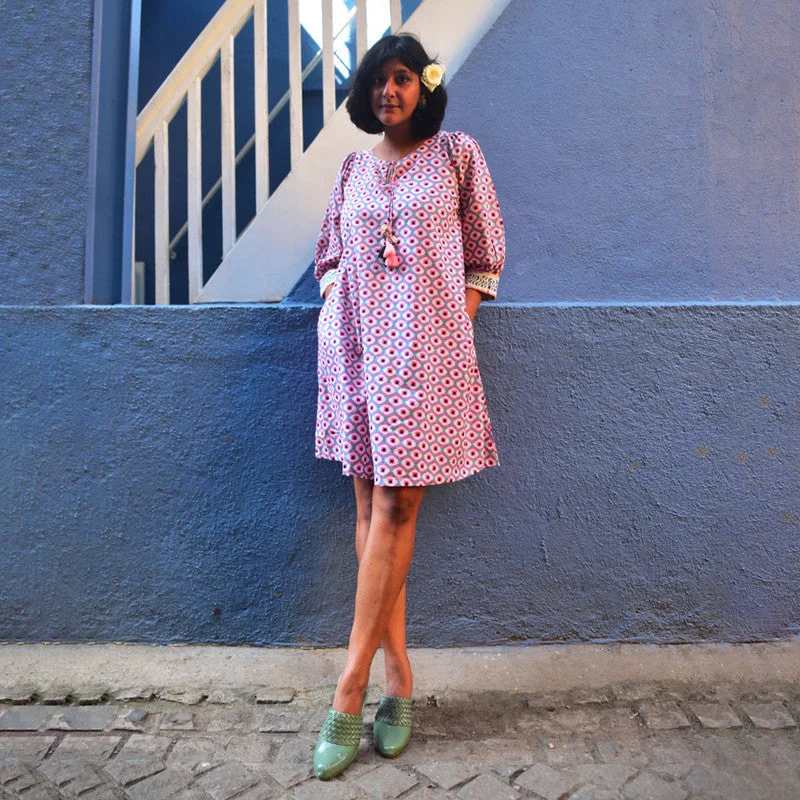 Cotton Mini Dress | Handblock Printed | Pink & Blue