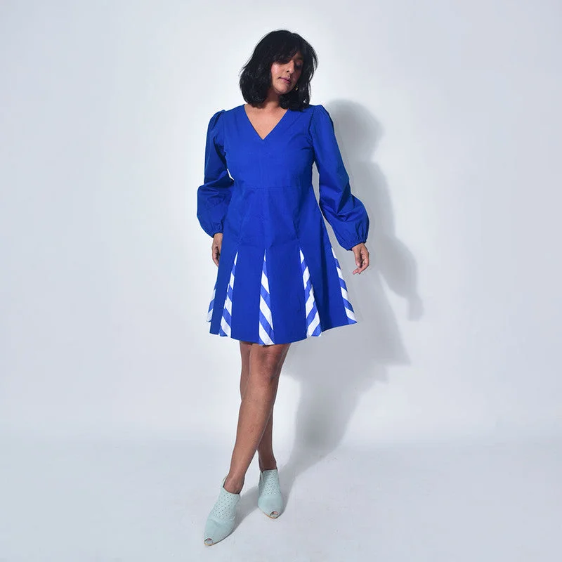 Cotton Mini Dress | Puffed Sleeve | Blue