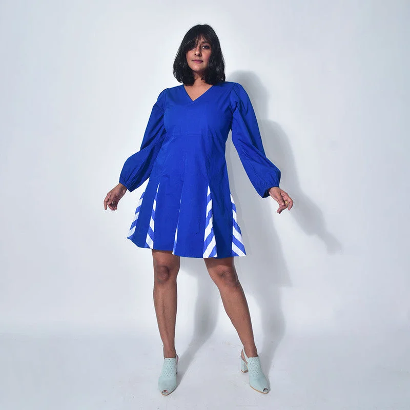 Cotton Mini Dress | Puffed Sleeve | Blue