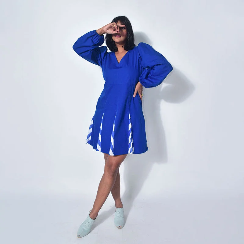 Cotton Mini Dress | Puffed Sleeve | Blue