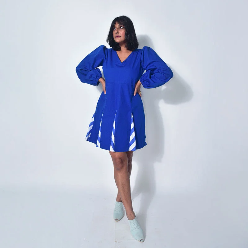 Cotton Mini Dress | Puffed Sleeve | Blue