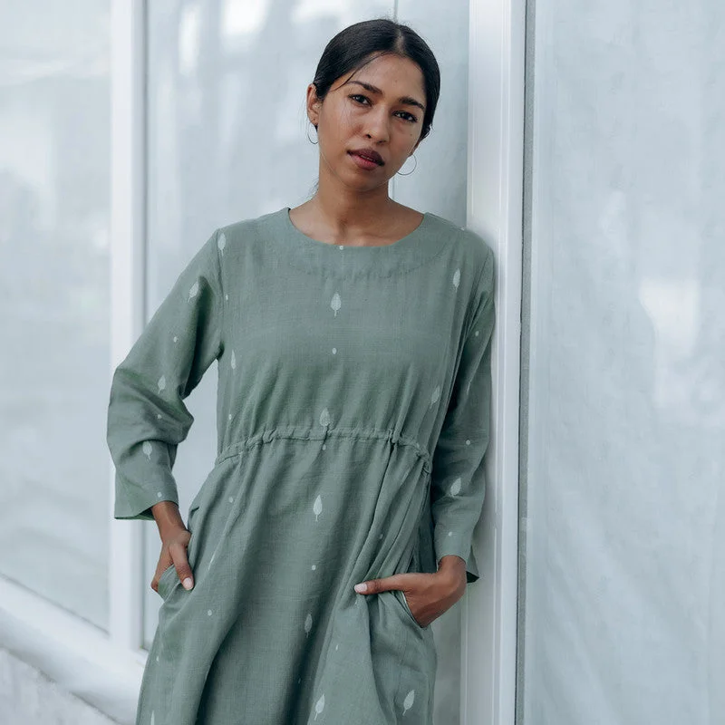 Handwoven Cotton Naturally Dyed Midi Dress | Sage Green