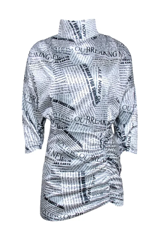 Winter Muse - White & Black Newspaper Print Ruched Mini Dress Sz 2