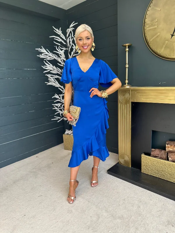 Yara V Neck Frill Hem Midi Dress Cobalt