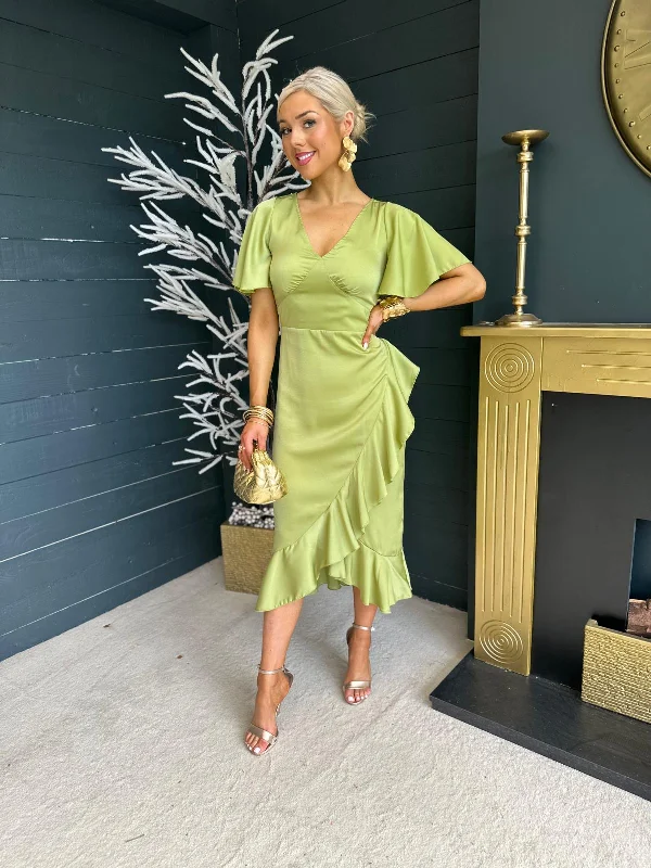 Yara V Neck Frill Hem Midi Dress Lime