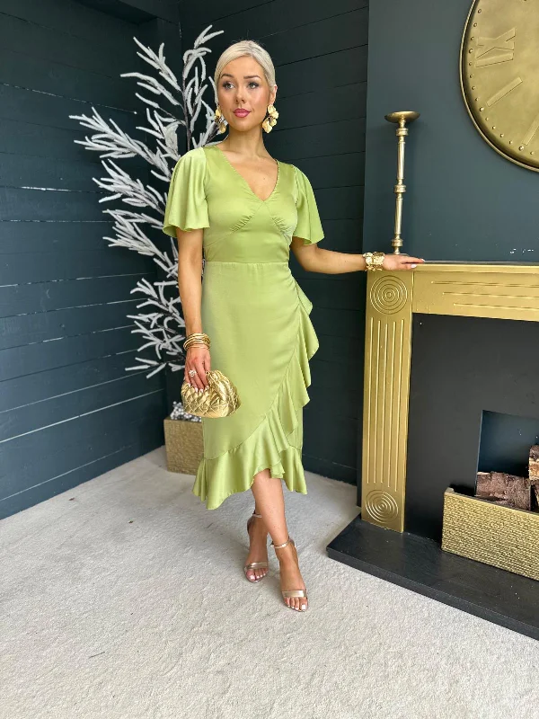 Yara V Neck Frill Hem Midi Dress Lime