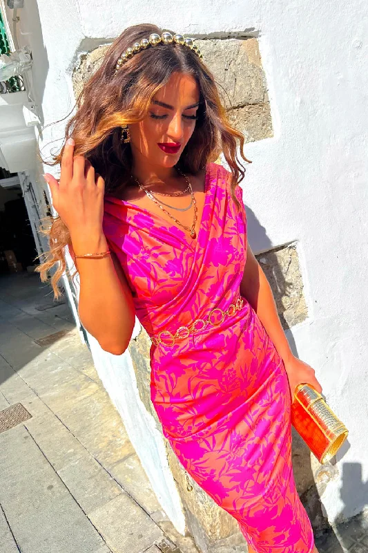 Whats Not To Love? - Pink Orange Floral Bodycon Midi Dress