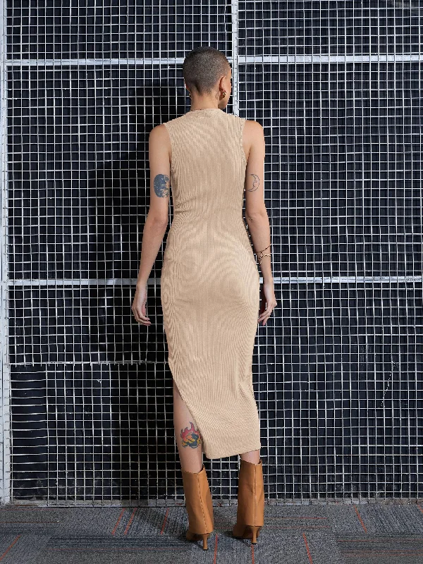 Women Beige Rib Side Slit Bodycon Dress