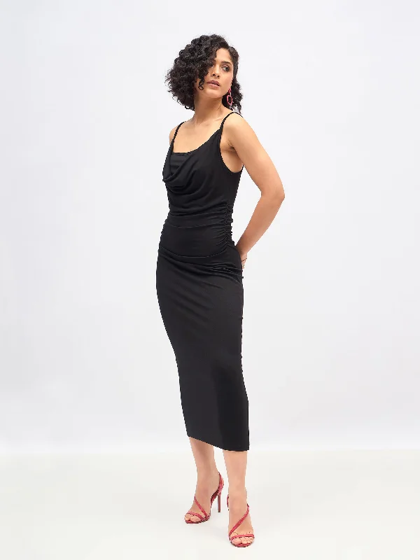 Women Black Cowl Neck Bodycon Maxi Dress