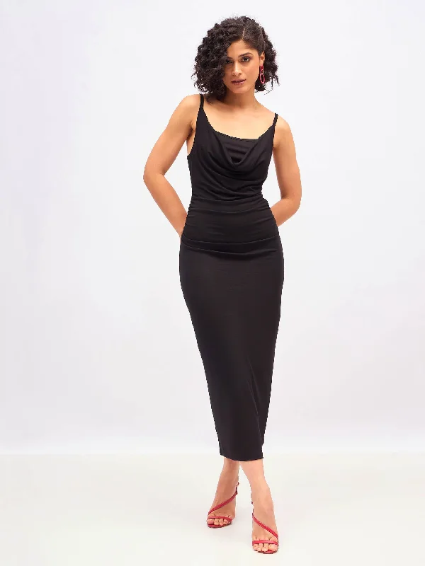 Women Black Cowl Neck Bodycon Maxi Dress