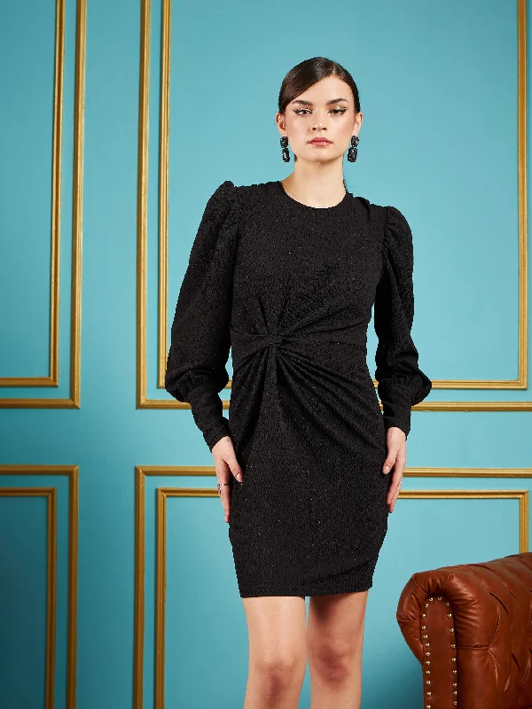 Women Black Gliiter Puff Sleeves Short Bodycon Dress