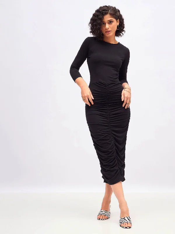 Women Black Ruched Bodycon Midi Dress