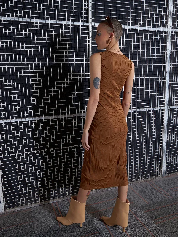 Women Brown Rib Front Zipper Bodycon Midi Dress