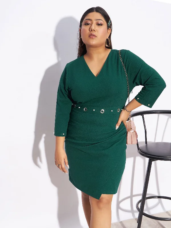 Women Emerald Green Eyelet Detail Bodycon Dress