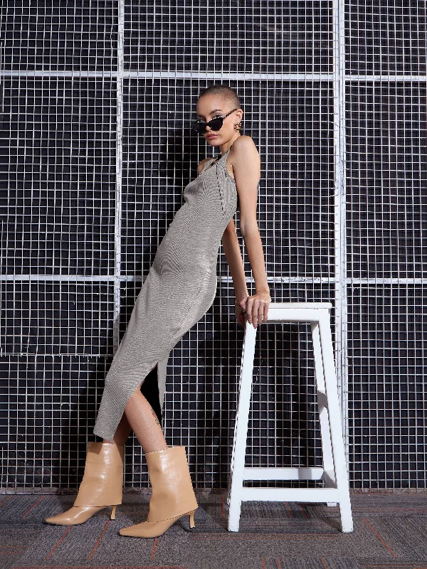 Women Grey Melange Side Slit Bodycon Midi Dress