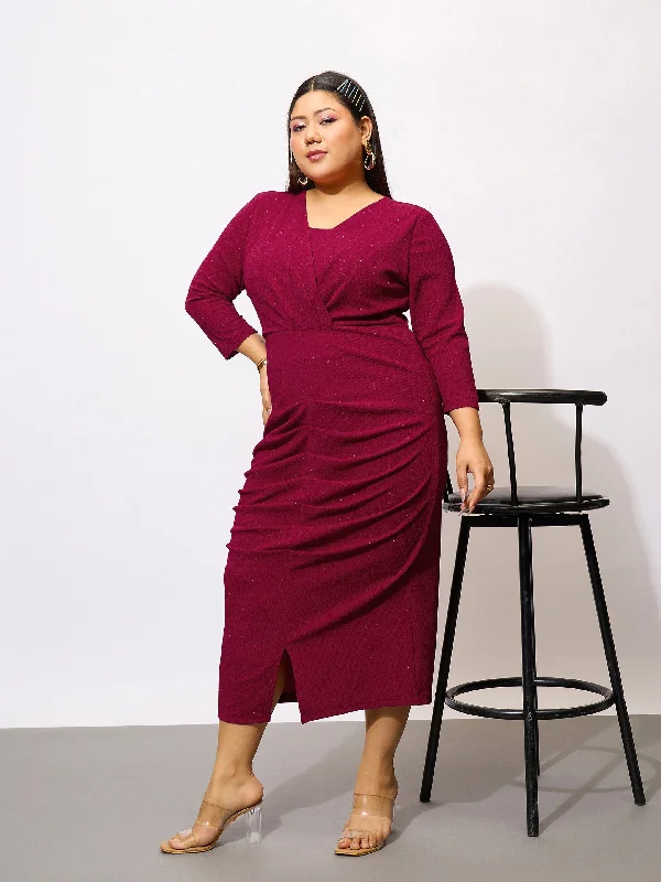 Women Maroon Glitter Front Ruched Bodycon Dress