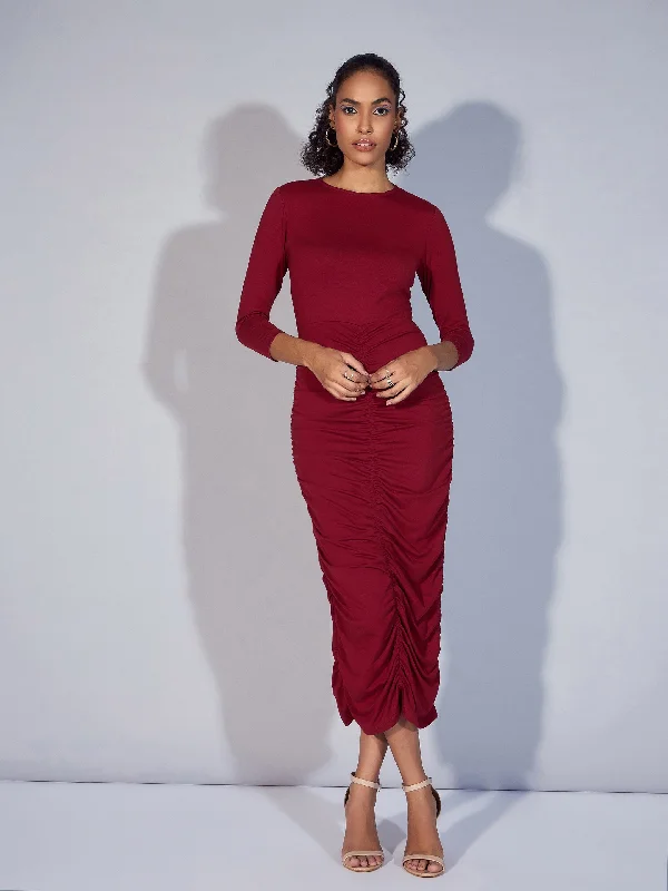 Women Maroon Ruched Bodycon Midi Dress